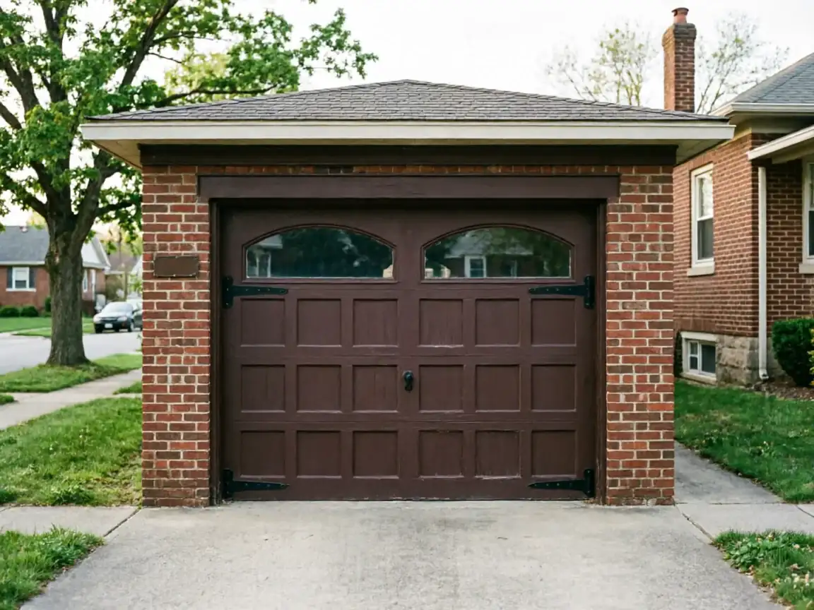 A brown garage door with arched windows is set in a brick garage.