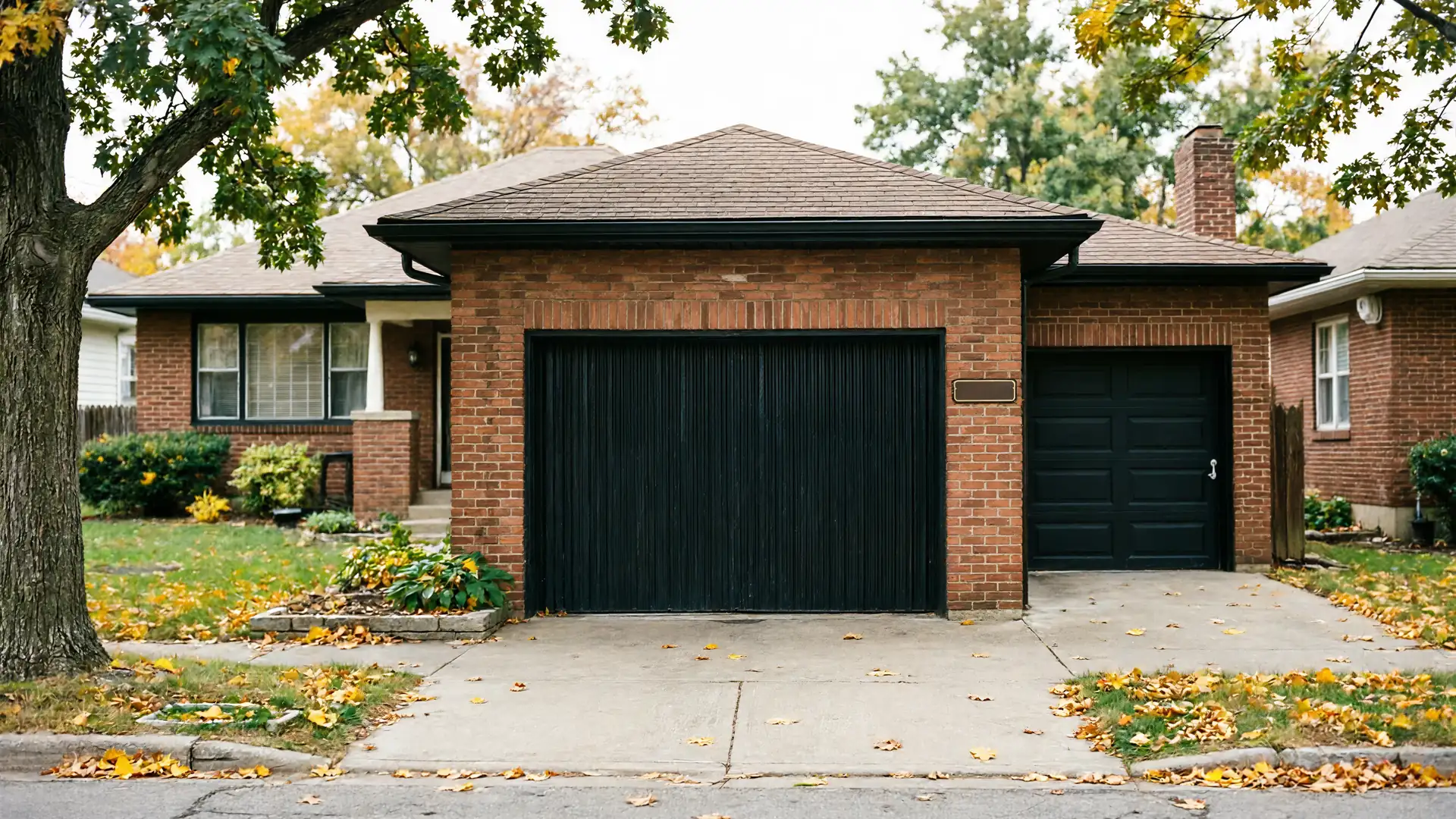A brick house has two black garage doors and a driveway with fallen leaves.