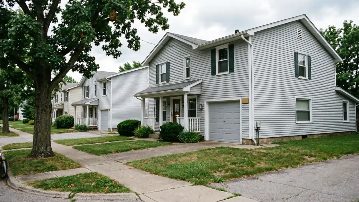 A row of houses with gray garage doors and green shutters.