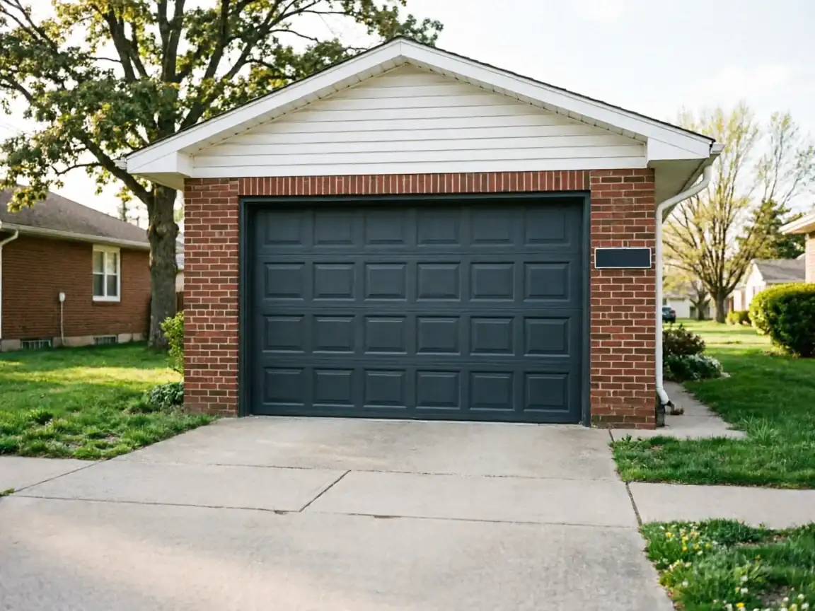 A dark gray garage door on a brick garage with a white gable.