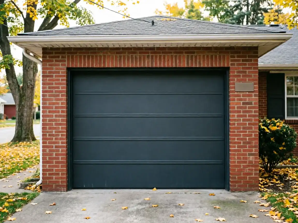 A dark gray garage door is set in a red brick garage with fallen yellow leaves.