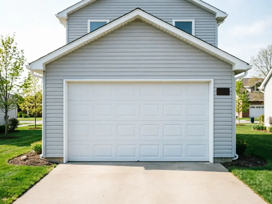 A white paneled garage door on a light gray house with a concrete driveway.