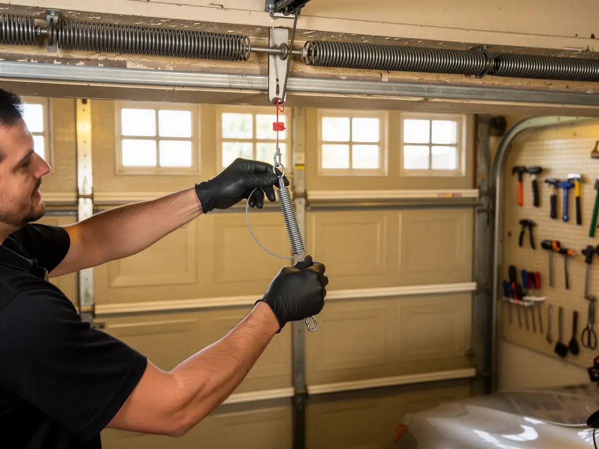 A technician in black gloves holds a garage door spring.